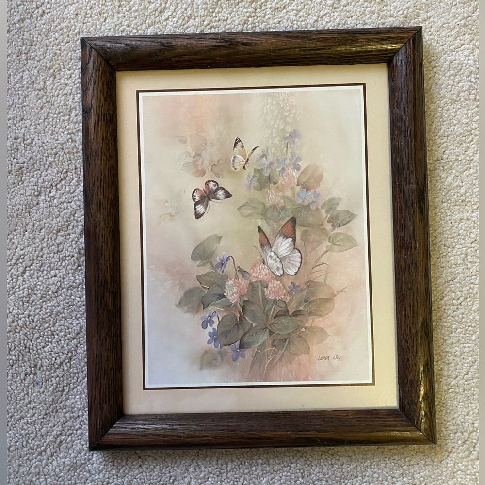 LENA LIU Vintage Wood Framed Signed Print “Butterflies and Wild Flowers"